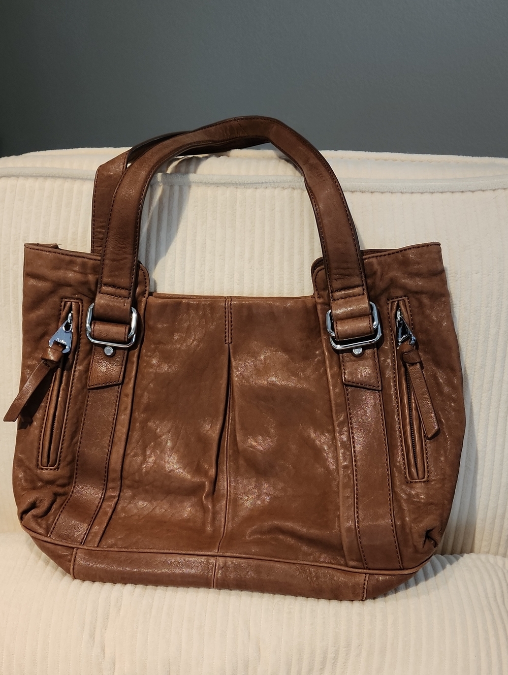 Perlina Brown Shoulder Tote with Silver Hardware